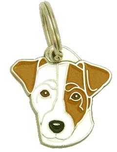 Russell terrier branco, orelha marrom <br> (placa de identificação para cães, Gravado incluído)